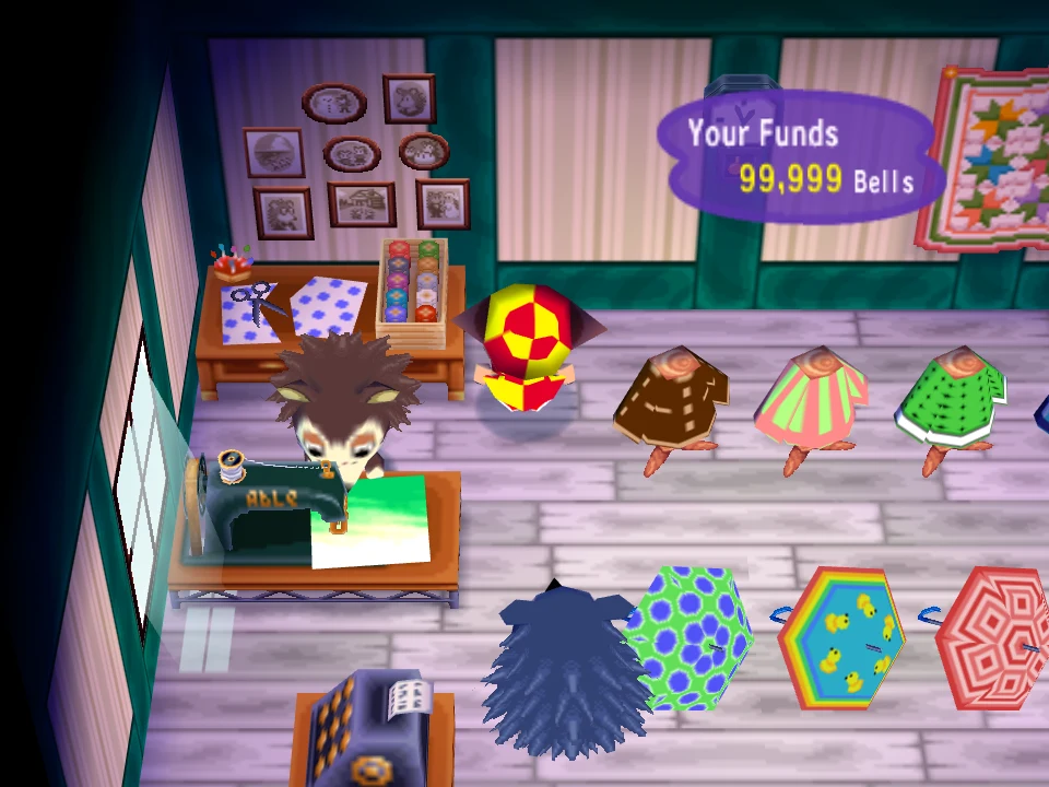 Sable at her sewing machine in the Able Sisters in Animal Crossing on GameCube, working with her back to the room.