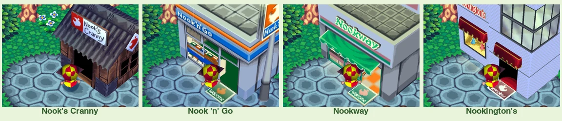 The four tiers of Tom Nook's store in Animal Crossing on GameCube, left to right: Nook's Cranny, Nook 'n' Go, Nookway and Nookington's.